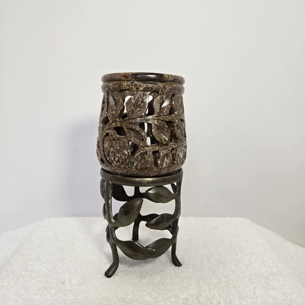 Vintage Yankee Candle Co Soapstone Tealight Candle Holder With Stand Floral